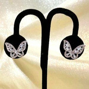 💖Come Fly With Me! Silver Tone With Crystal CZs Butterfly Earrings /E94